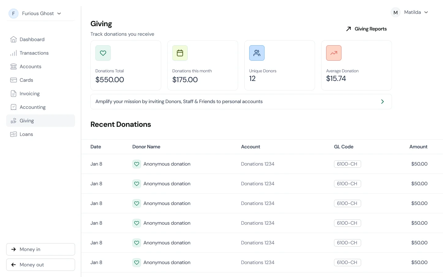 Nonprofit dashboard showing giving account match earnings