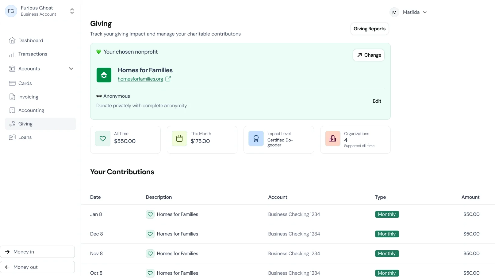 Supporter giving account mobile view