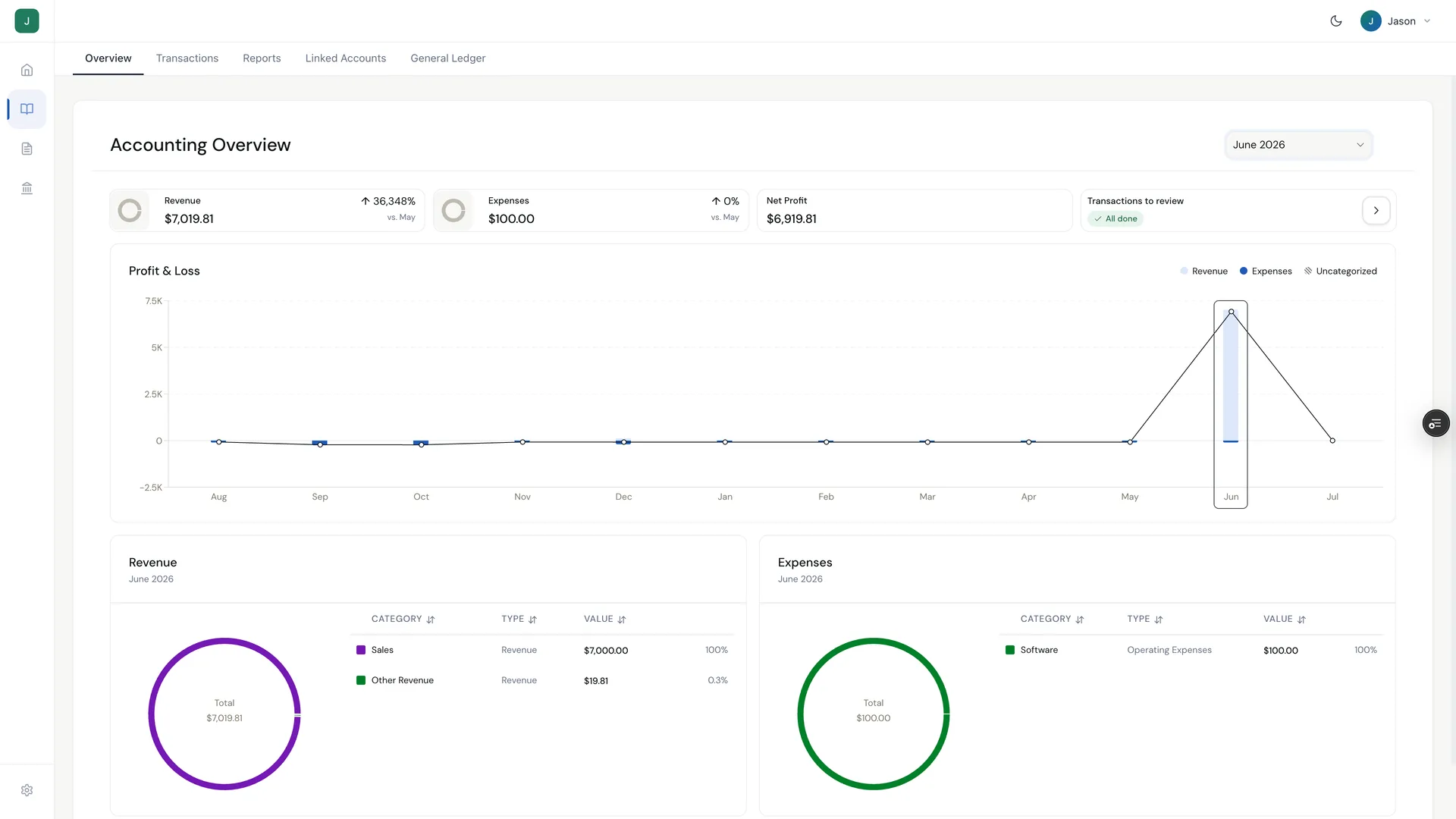 Real Holdings accounting overview showing $7,019.81 June revenue, $6,919.81 net profit, a live profit and loss chart, and an empty transactions-to-review queue