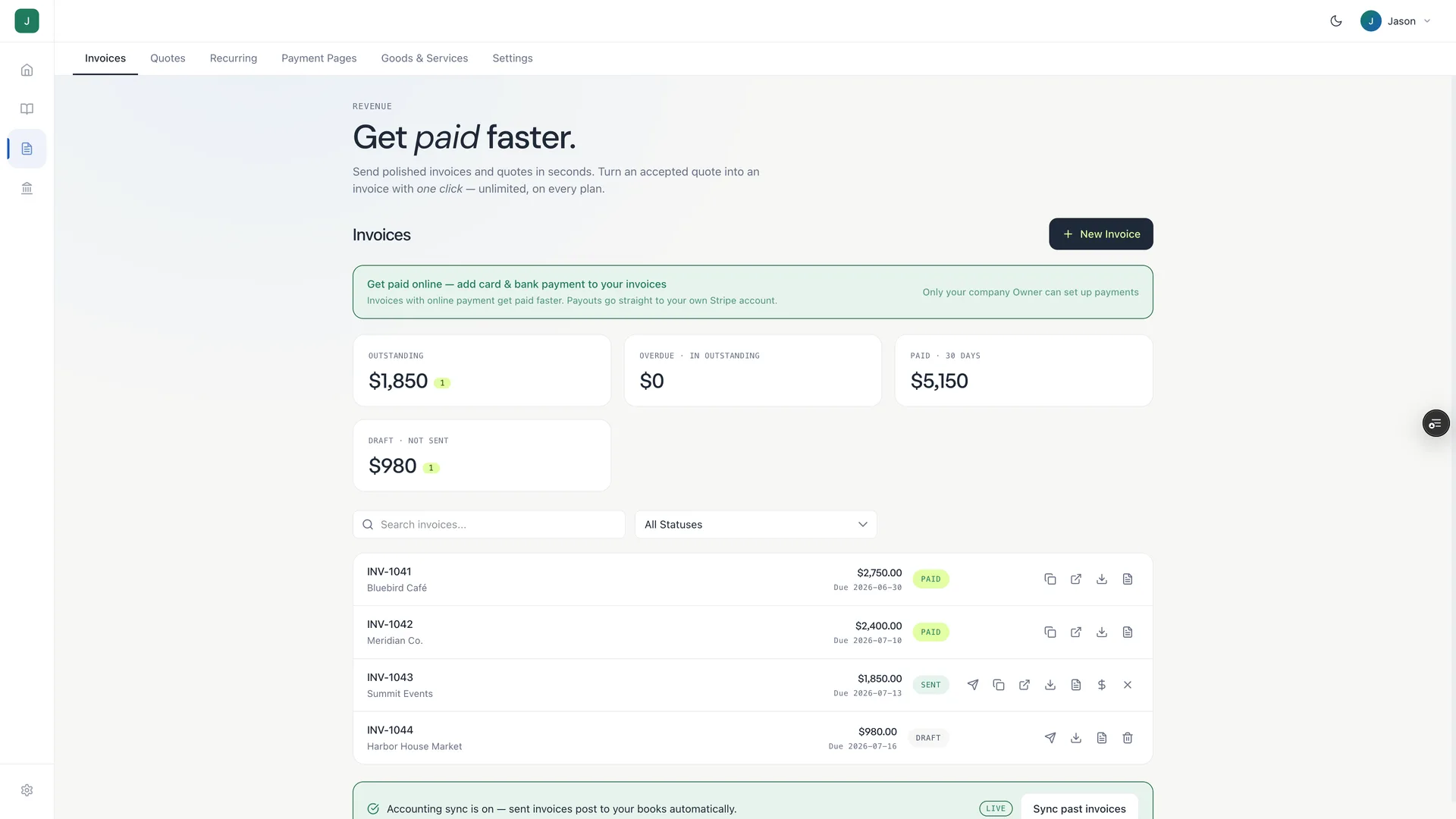 Real Holdings invoicing screen showing $5,150 of paid invoices, an outstanding invoice and a draft, each with live payment status badges