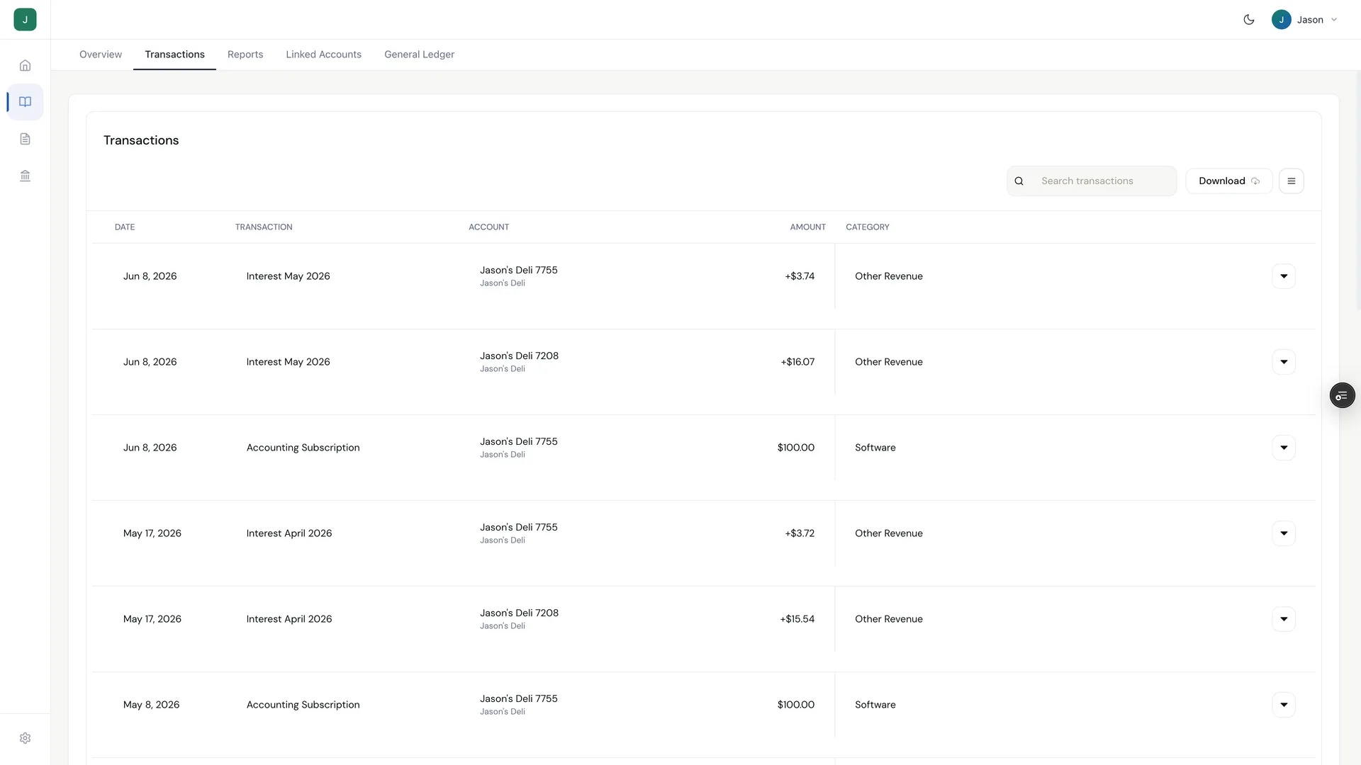 Real Holdings transactions screen with every payment categorized and matched, and an empty review queue