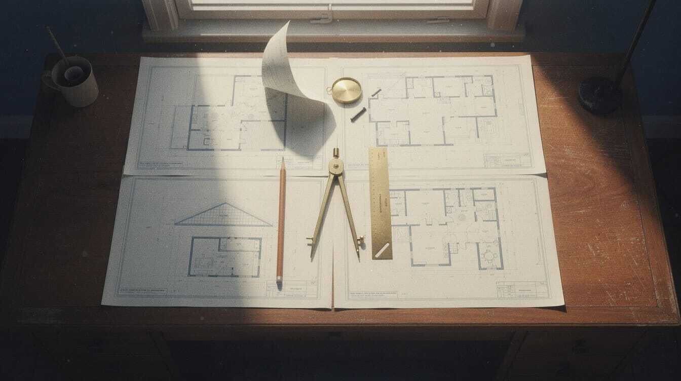 Blueprints, compass, and morning light — The Builder