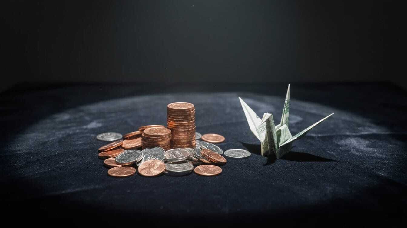 Coins and origami crane — the cheap bank account