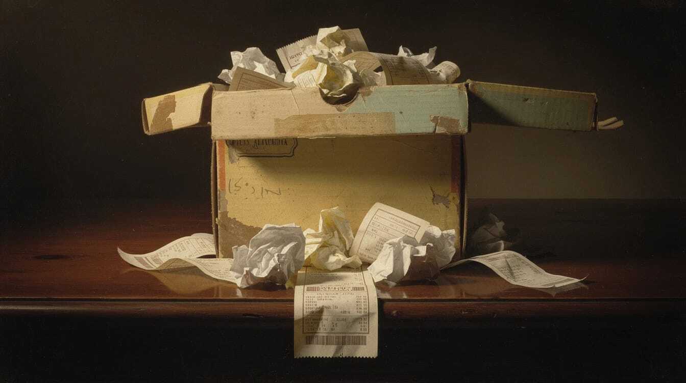 Worn shoebox overflowing with crumpled receipts
